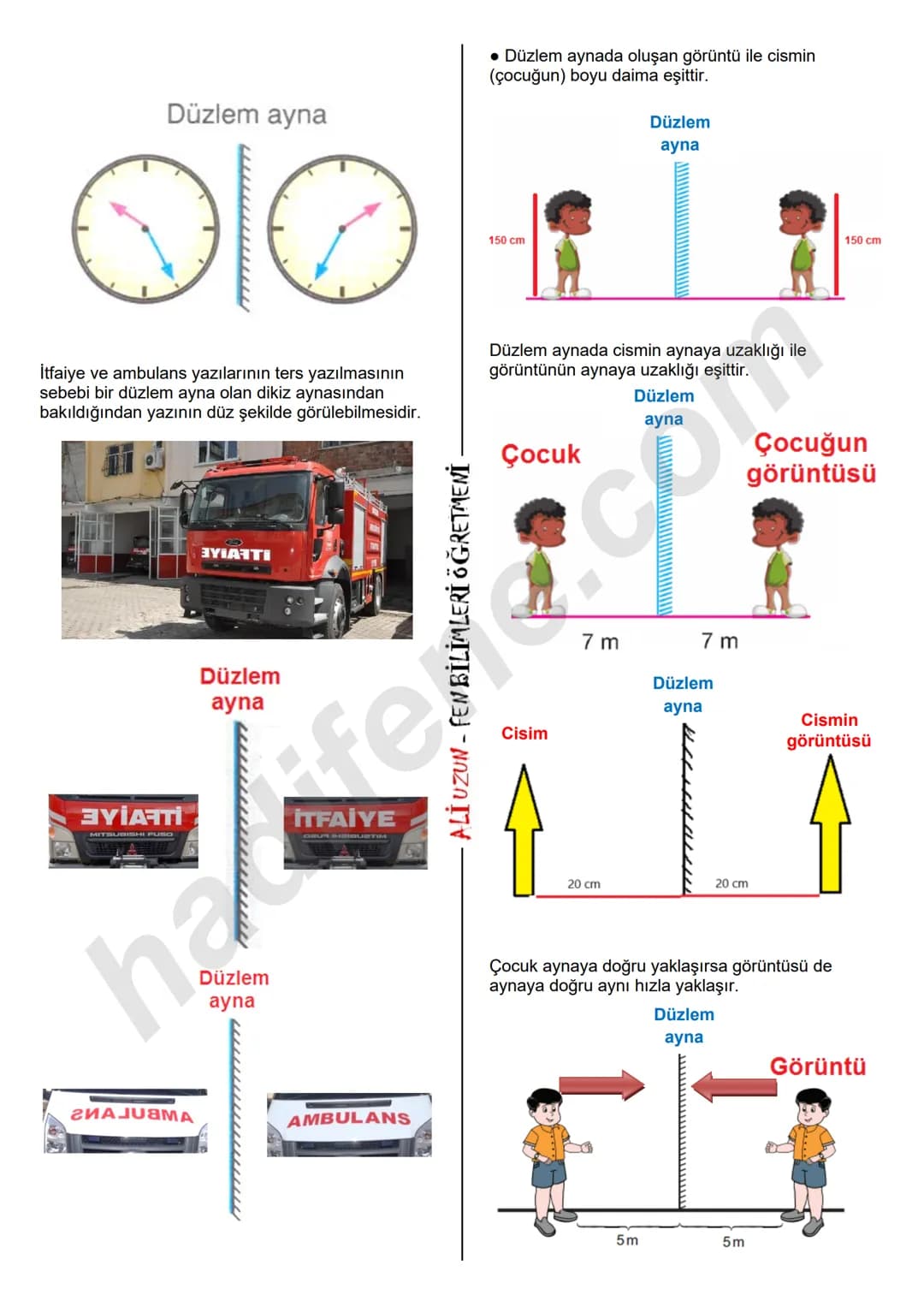 7.SINIF
5.ÜNİTE
AYNALAR
Ali Hocayla Hadi Fene
www.hadifene.com
Ayna Nedir?
Işık ışınlarının düz ve pürüzsüz yüzeylerde
yansımaya uğradığ