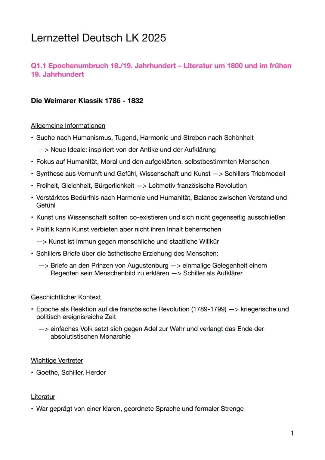 Lernzettel Deutsch LK 2025
Q1.1 Epochenumbruch 18./19. Jahrhundert - Literatur um 1800 und im frühen
19. Jahrhundert
Die Weimarer Klassik 17