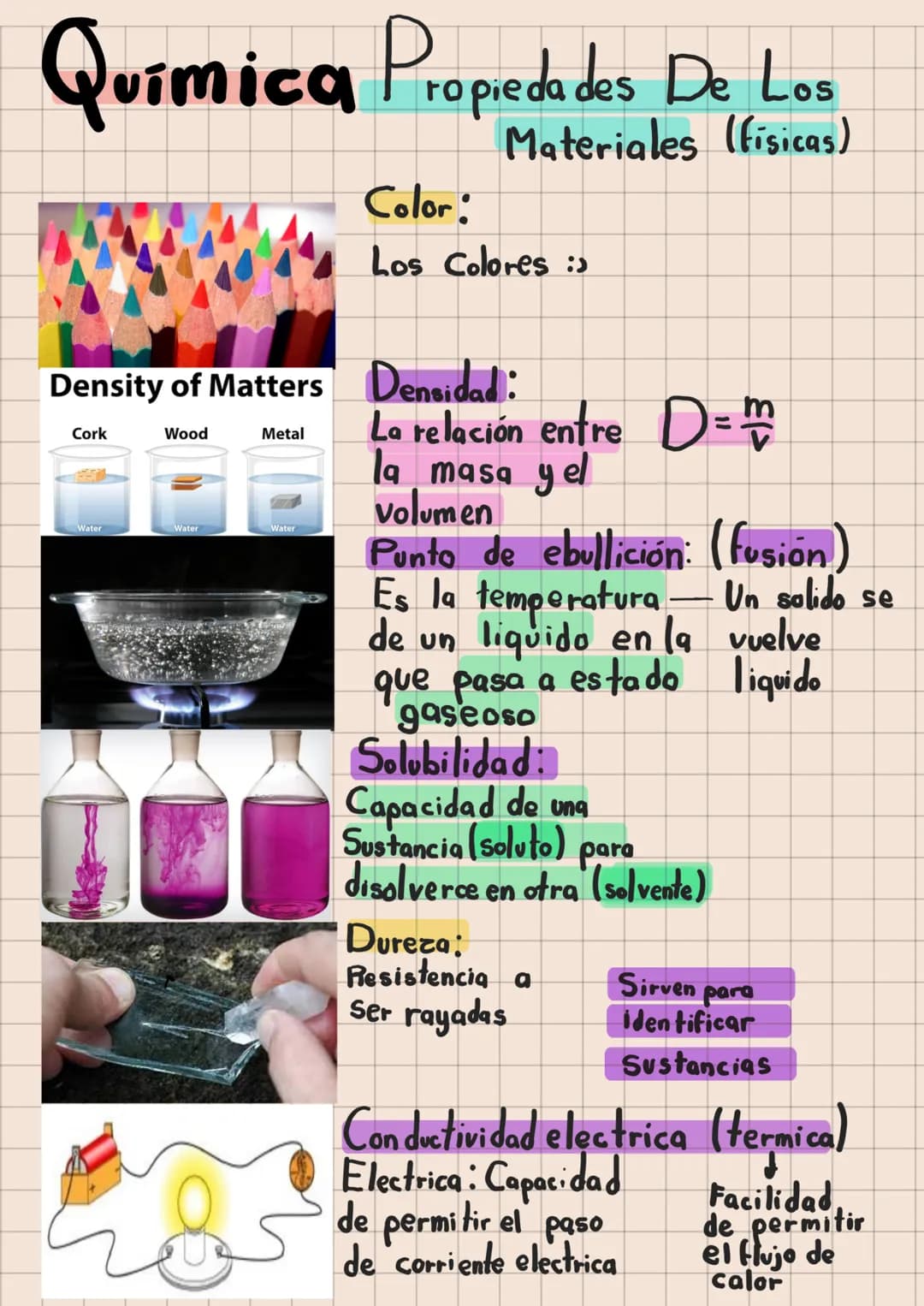 Química Propiedades De Los
Color:
Materiales (fisicas)
Los Colores :
Density of Matters Densidad:
Cork
Wood
Metal
Water
Water
Water
La relac
