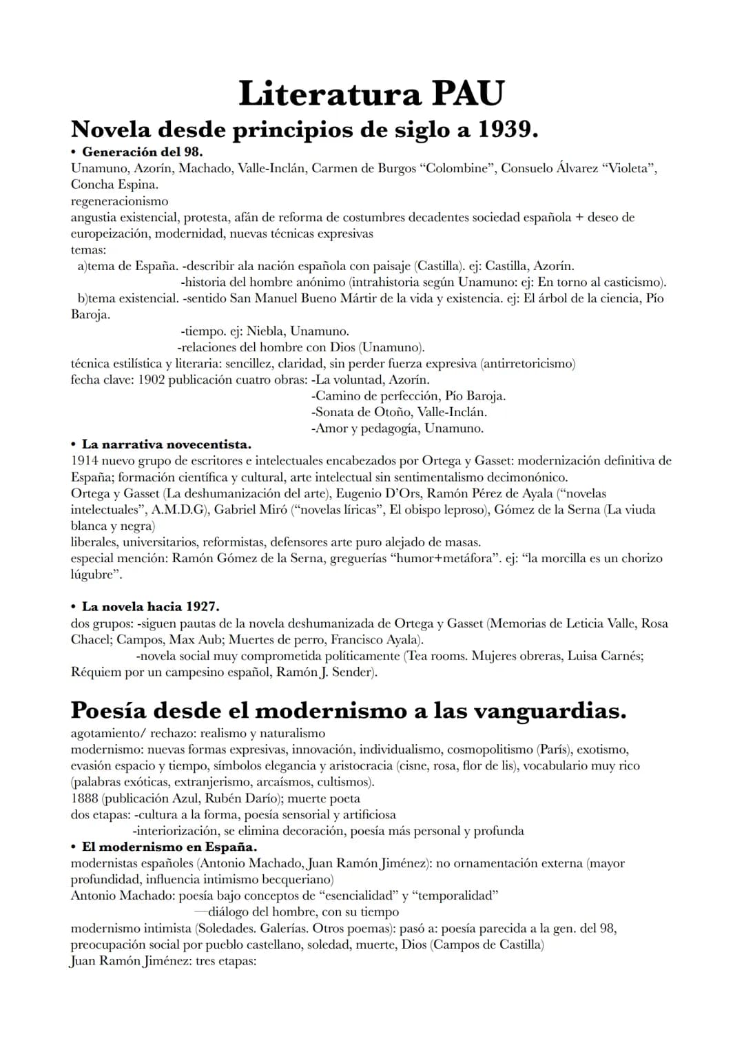 Literatura PAU
Novela desde principios de siglo a 1939.
• Generación del 98.
Unamuno, Azorín, Machado, Valle-Inclán, Carmen de Burgos "Colom