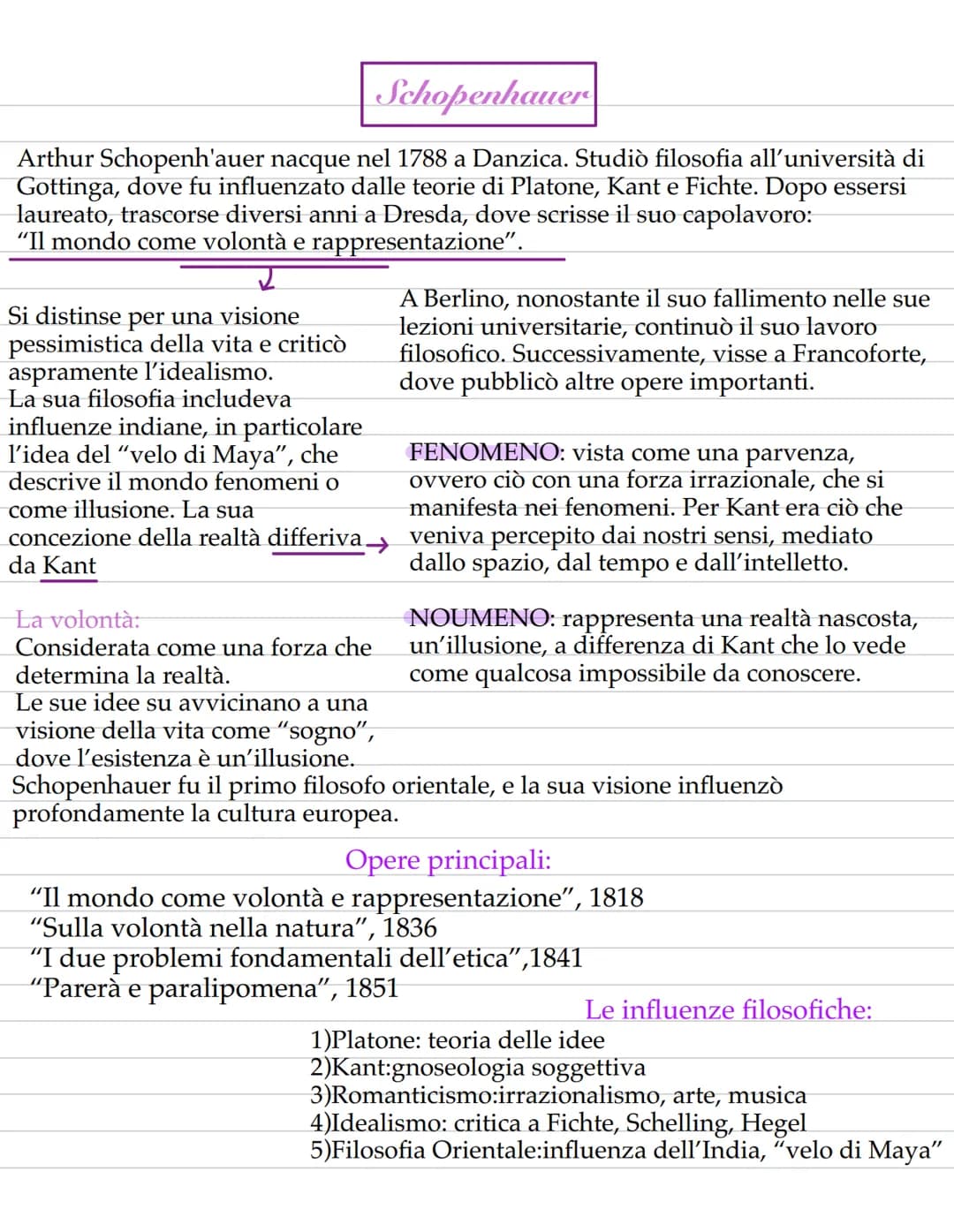 --- OCR Start ---
Schopenhauer
Arthur Schopenh'auer nacque nel 1788 a Danzica. Studiò filosofia all'università di
Gottinga, dove fu influenz