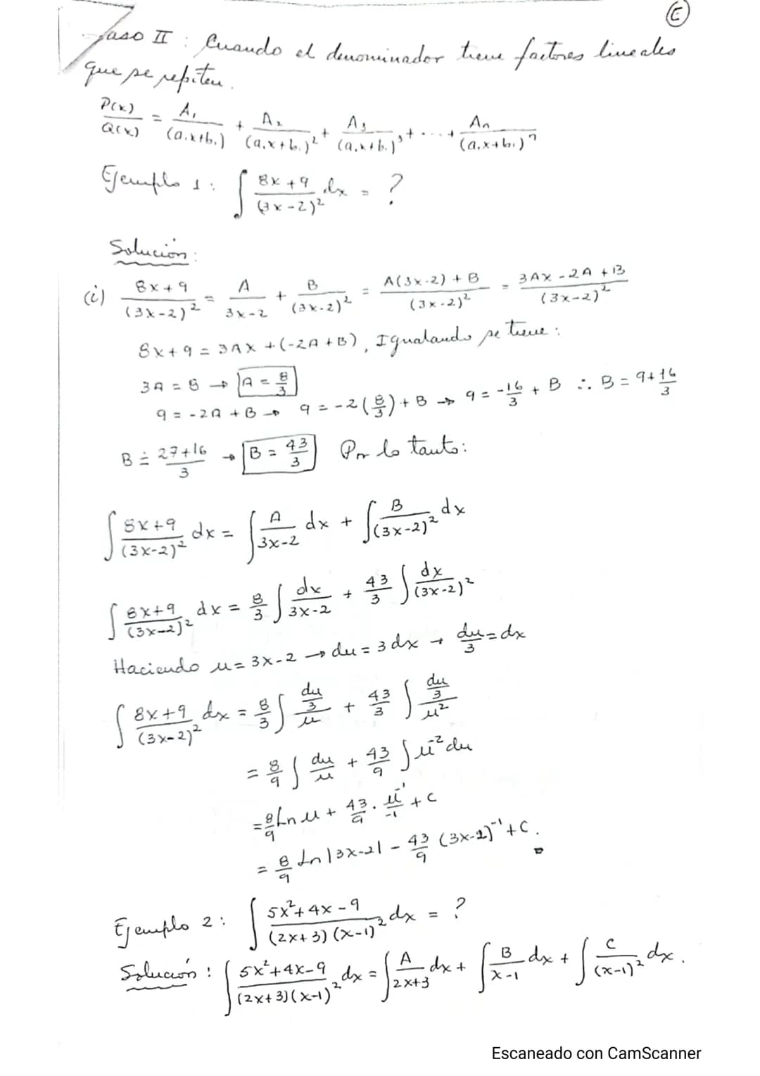 --- OCR Start ---
~
II. Guia de Cálculo Integral.
A
Tema: Integración por fracciones Parciales.
Caso I: Cuando el denominador sido tiene fa
