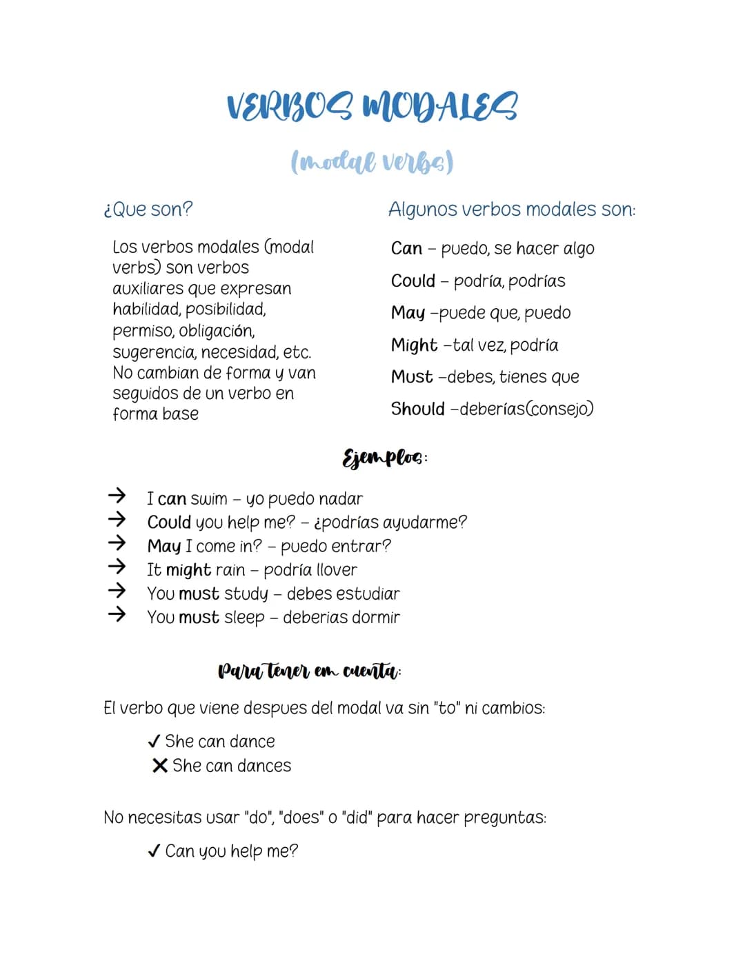 ## VERBOS MODALES
(modal verbs)
¿Que son?
Los verbos modales (modal verbs) son verbos auxiliares que expresan habilidad, posibilidad, perm