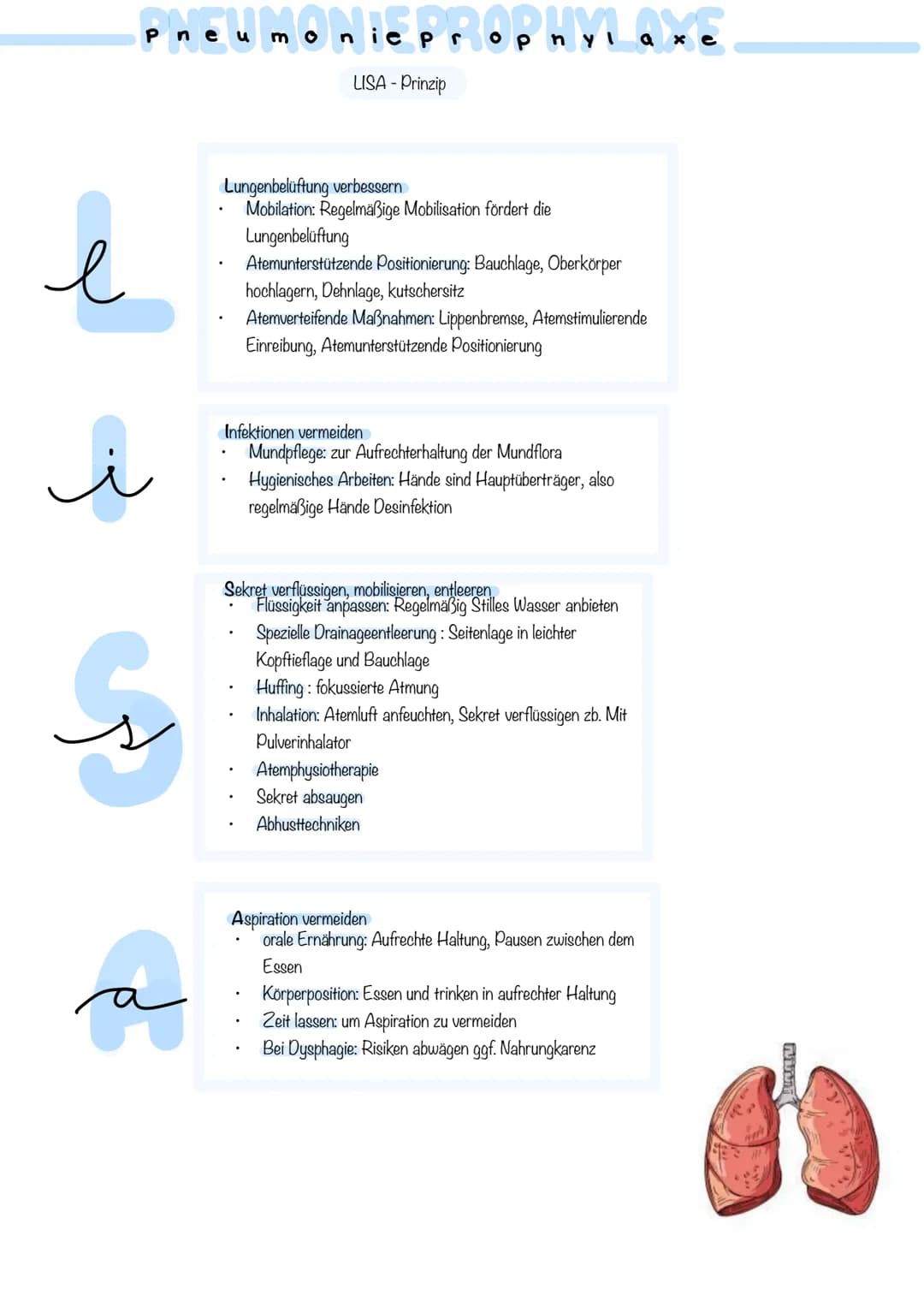 --- OCR Start ---
Pneumoniepr
opnyl axe
onylaxe
LISA - Prinzip
Lungenbelüftung verbessern
Mobilation: Regelmäßige Mobilisation fördert die
L