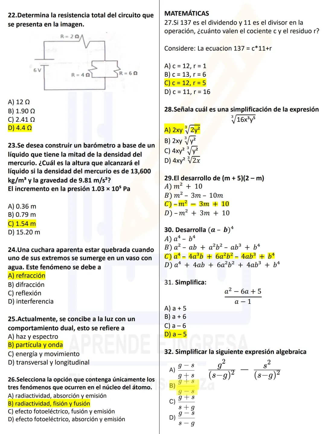 # QUÍMICA
1. Son ejemplos de compuestos:
A) Radio, litio, cloro, y oro
B) Malteada, lechuga, azúcar y potasio
C) Vinagre y aceite, cera, ag