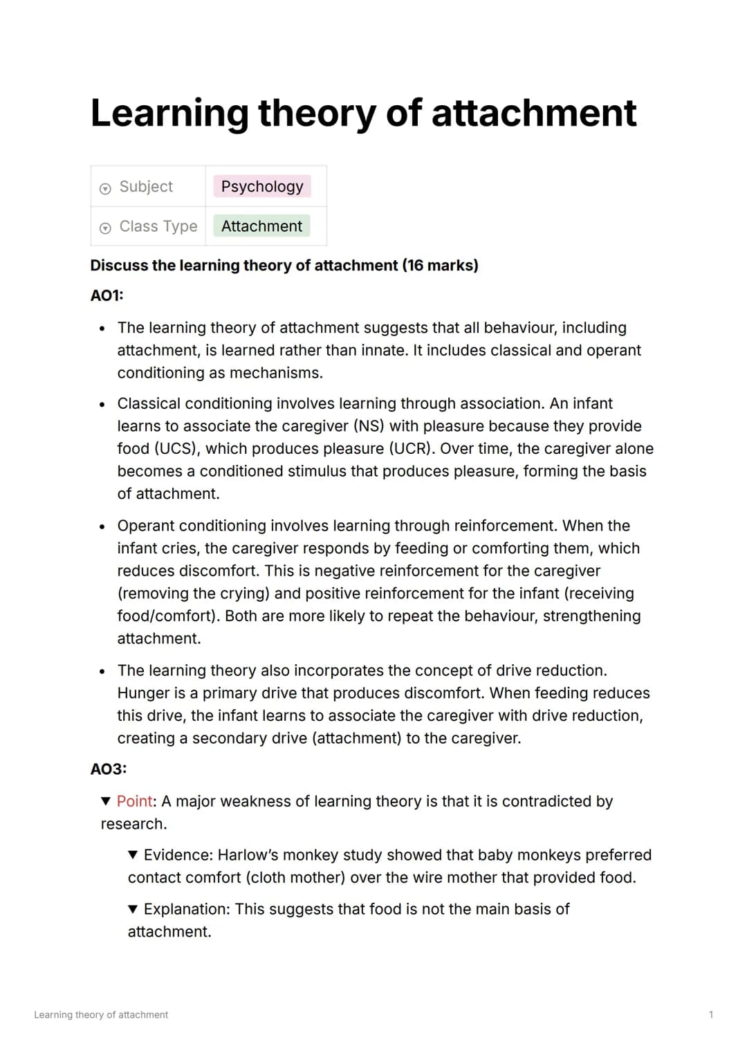 Caregiver-infant interactions
Subject
Class Type
Psychology
Attachment
Describe and evaluate research into caregiver-infant interactions in