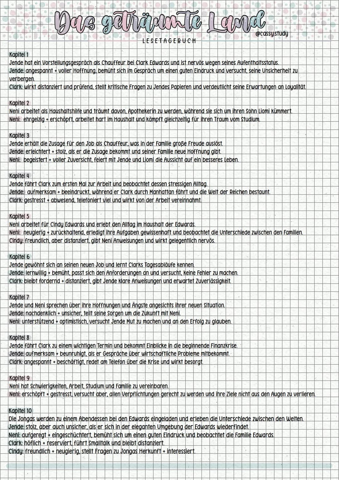 # Das geträumte Land
LESETAGEBUCH
@cassysstudy
**Kapitel 1**
Jende hat ein Vorstellungsgespräch als Chauffeur bei Clark Edwards und ist ne