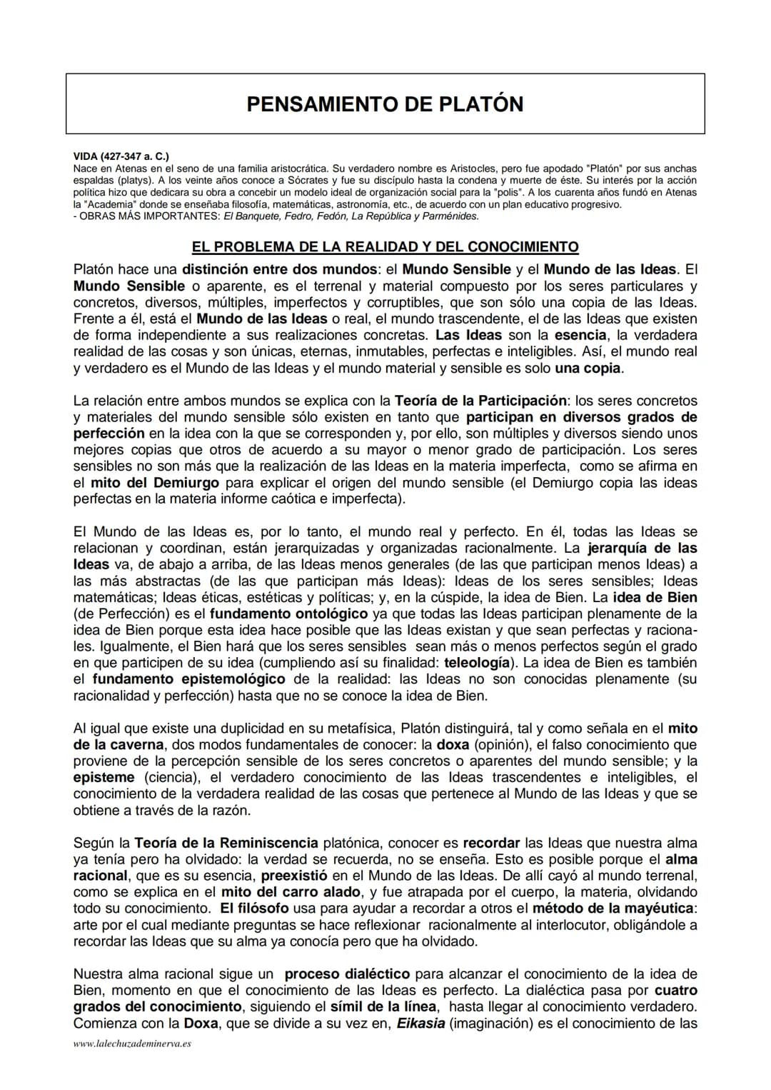 ## PENSAMIENTO DE PLATÓN
VIDA (427-347 a. C.)
Nace en Atenas en el seno de una familia aristocrática. Su verdadero nombre es Aristocles, pe