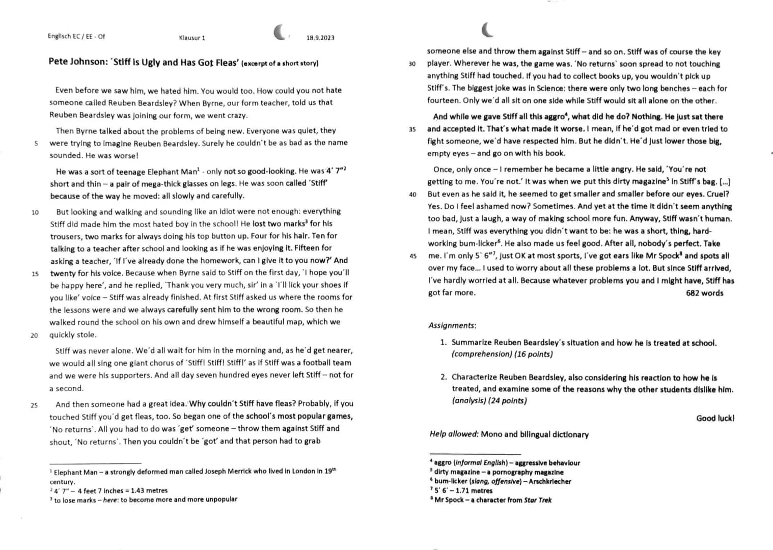 !
Fach
Nam
Datu
1
English Exam 1.
The excerpt of the short story
"Stiff is Ugly and has got Fleas",
written by Pete Johnson, is henne est e