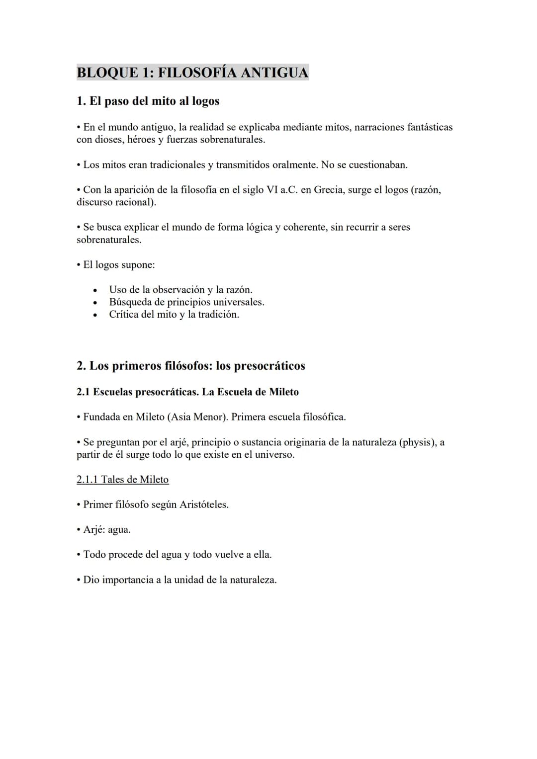 BLOQUE 1: FILOSOFÍA ANTIGUA
1. El paso del mito al logos
• En el mundo antiguo, la realidad se explicaba mediante mitos, narraciones fantást