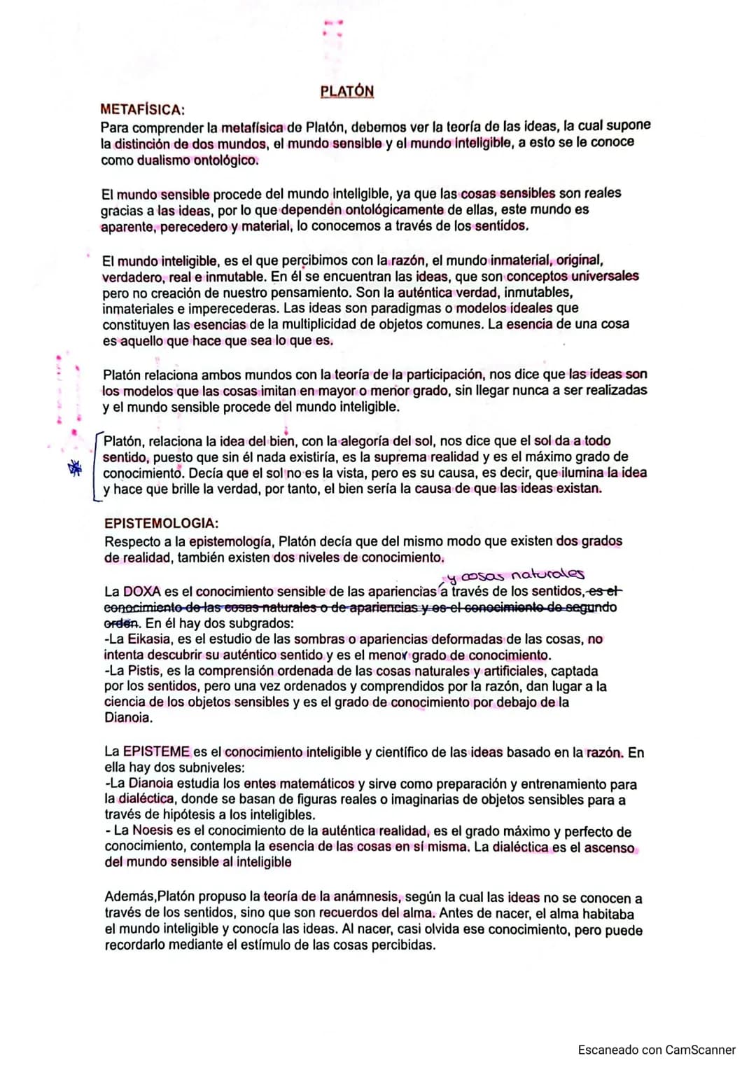 METAFÍSICA:
PLATÓN
Para comprender la metafísica de Platón, debemos ver la teoría de las ideas, la cual supone
la distinción de dos mundos,