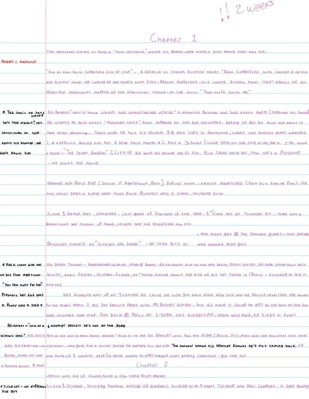 !! 2 weeks
Chapter 1
The nararator claims to have a "lousy chilenoad" where his farents were always busy before they had him.
Holden = Narra