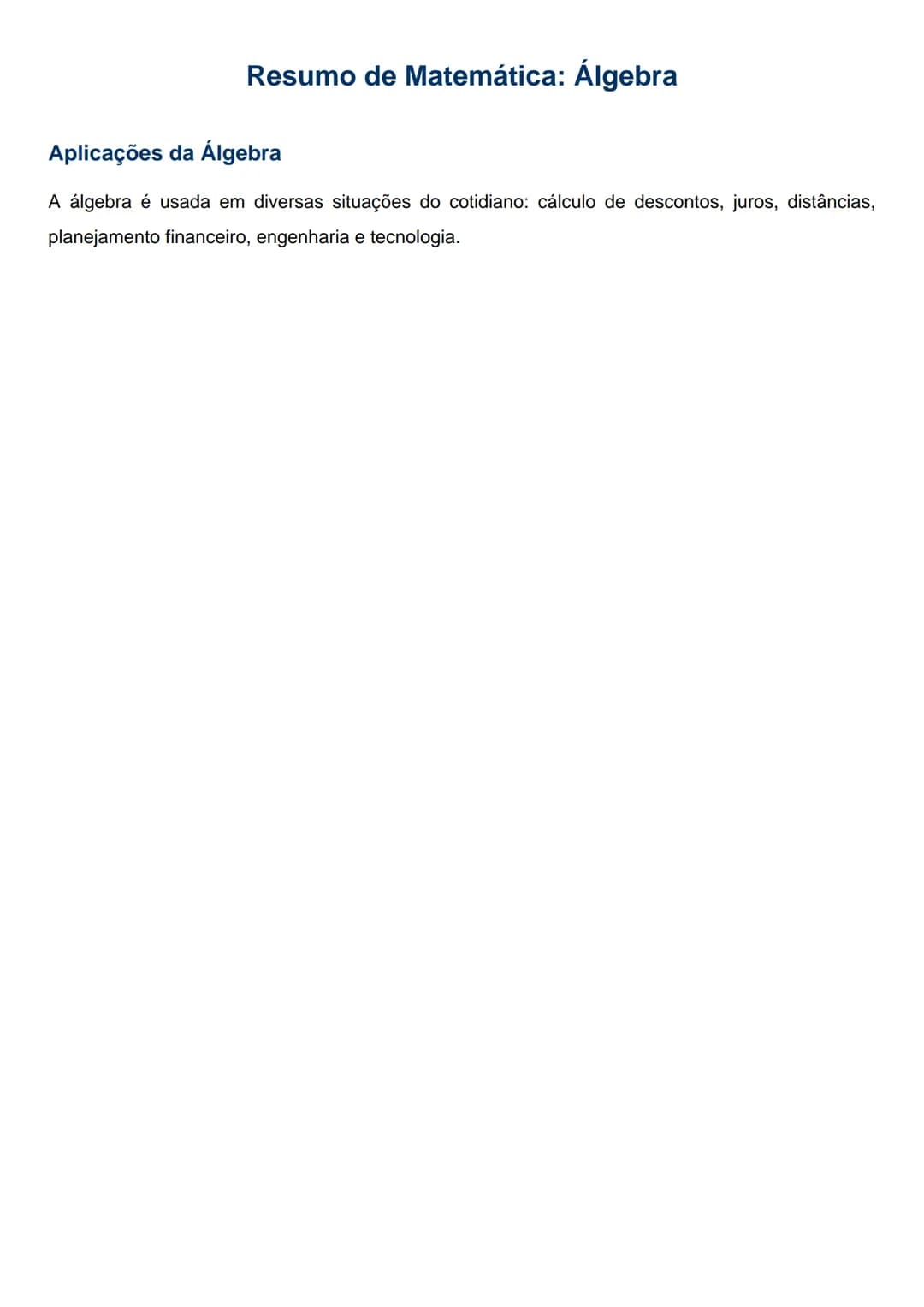 Resumo de Matemática: Álgebra
Entender álgebra é como aprender a resolver mistérios com números!
O que é Álgebra?
Álgebra é a área da Matemá