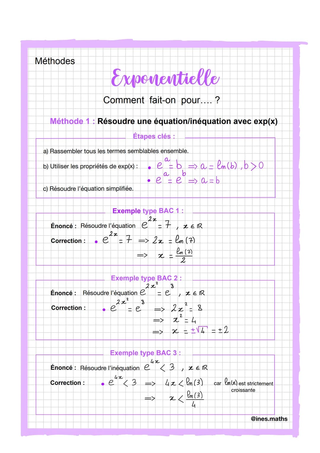 Exponentielle
I- Sujets traités
Représentation graphique.
Dérivation.
Équations et inéquations.
Formules.
Limites + croissances comparées.
I