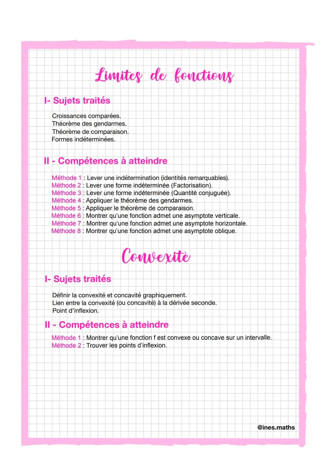 Exponentielle
I- Sujets traités
Représentation graphique.
Dérivation.
Équations et inéquations.
Formules.
Limites + croissances comparées.
I