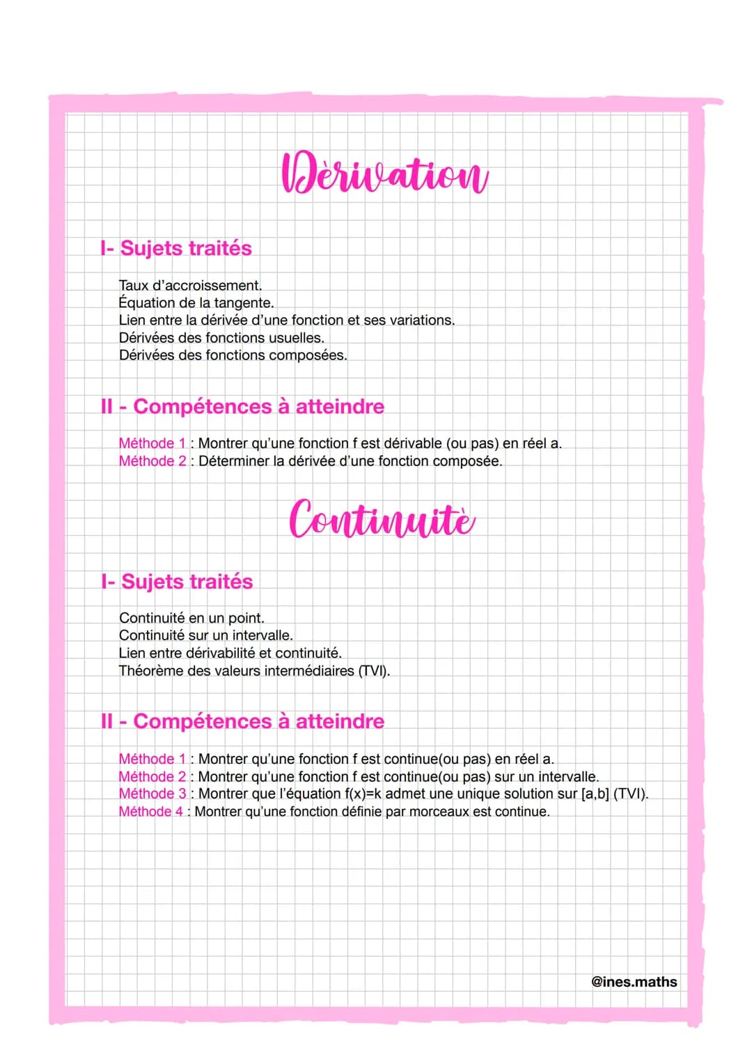 Exponentielle
I- Sujets traités
Représentation graphique.
Dérivation.
Équations et inéquations.
Formules.
Limites + croissances comparées.
I