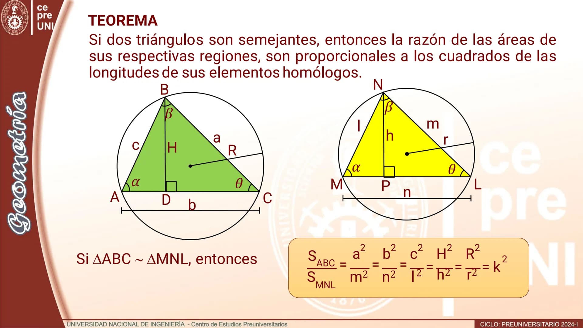 --- OCR Start ---
SIDAD NACIONAL DE IN
UNIVERS
IMA 1876 PER
ce
pre
UNI
Geometría
TEOREMA
Si dos triángulos tienen un par de alturas congruen