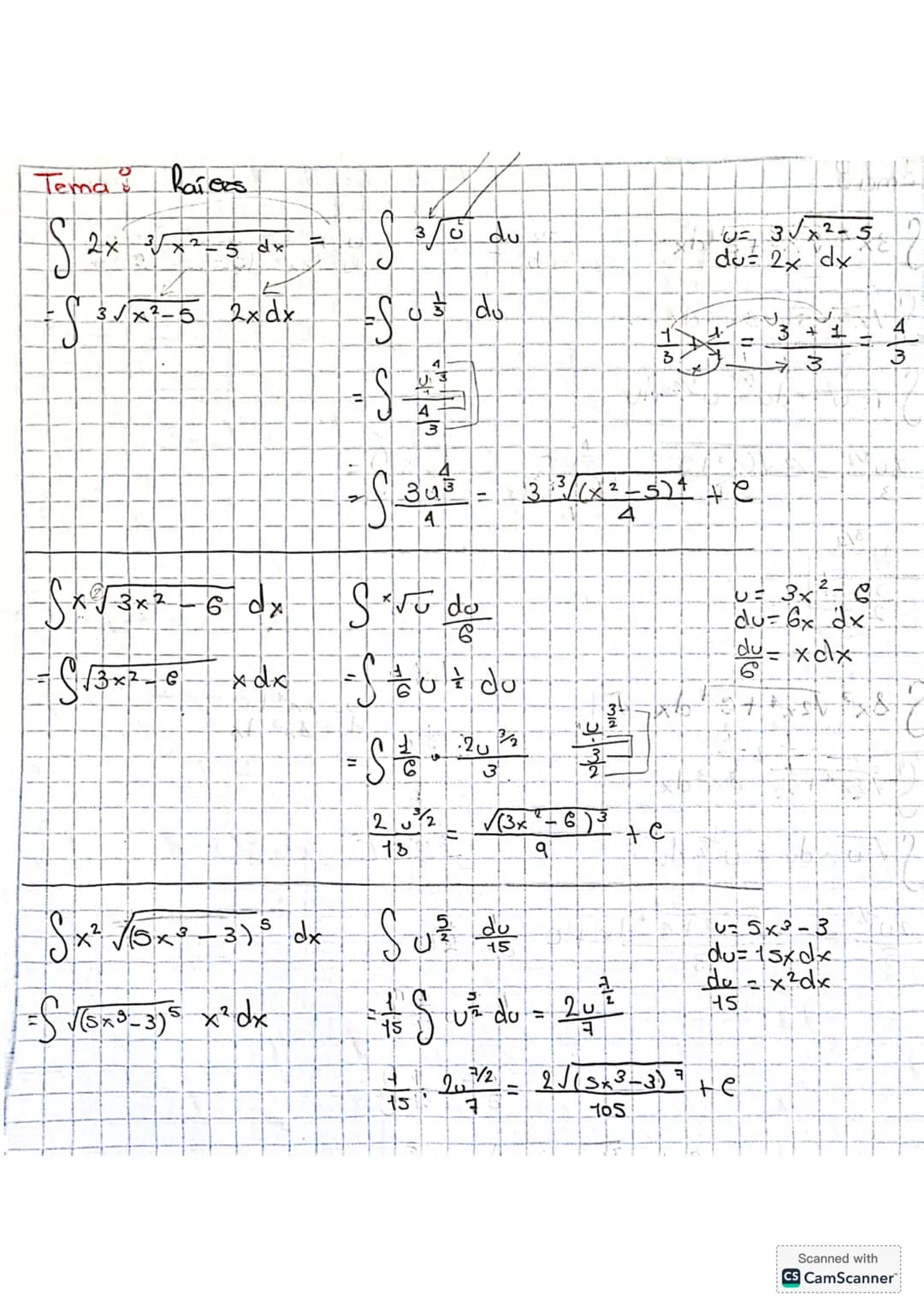 Tema raíces
$\int 2x \sqrt{3x^2 - 5} dx = \int \sqrt{u} du$
$- \int \sqrt{3x^2 - 5} 2x dx$
$u = 3\sqrt{x^2 - 5}$
$du = 2x dx$
$= \int u^{1/2