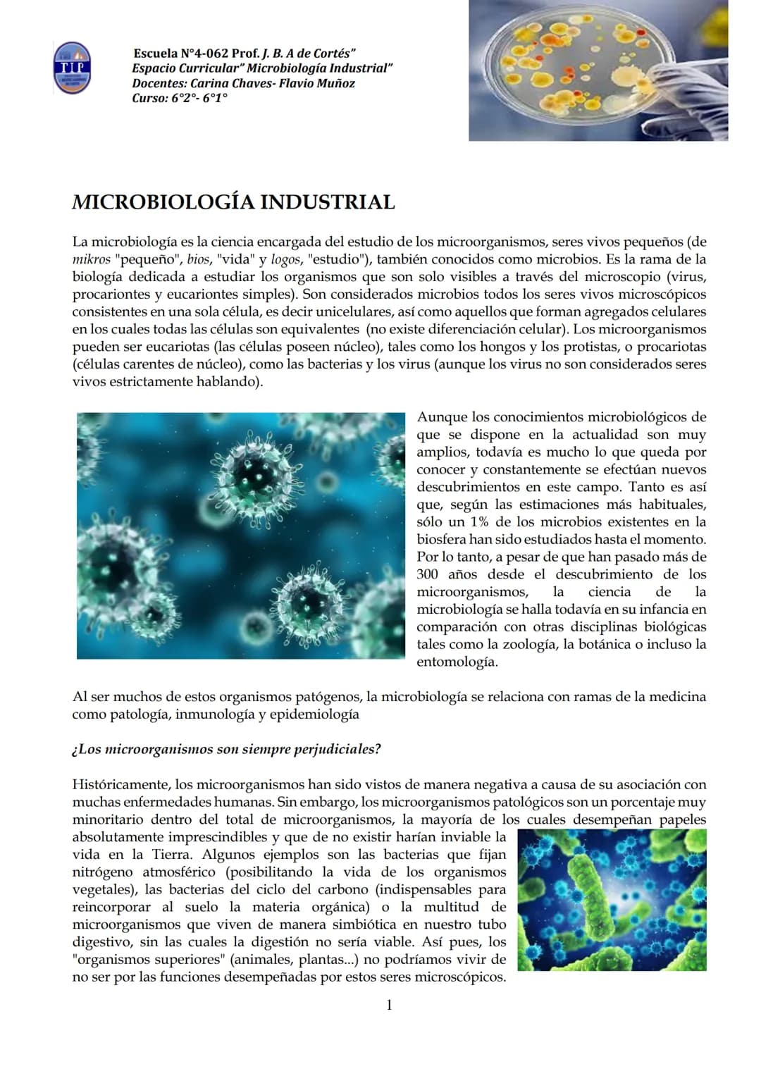 # CUADERNILLO DE
# MICROBIOLOGIA
# INDUSTRIAL
Nombre:
Curso:
Escuela: N°4062 Juana B. Albornoz de Cortes
Profesores: Carina Chaves- Flavio