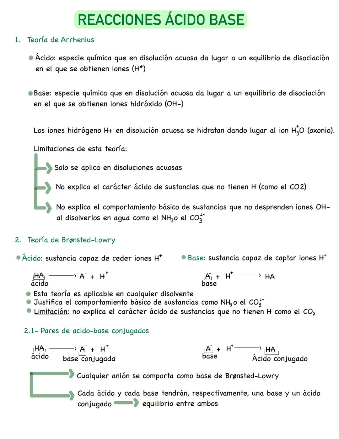 REACCIONES ÁCIDO BASE
1. Teoría de Arrhenius
• Ácido: especie química que en disolución acuosa da lugar a un equilibrio de disociación
en el