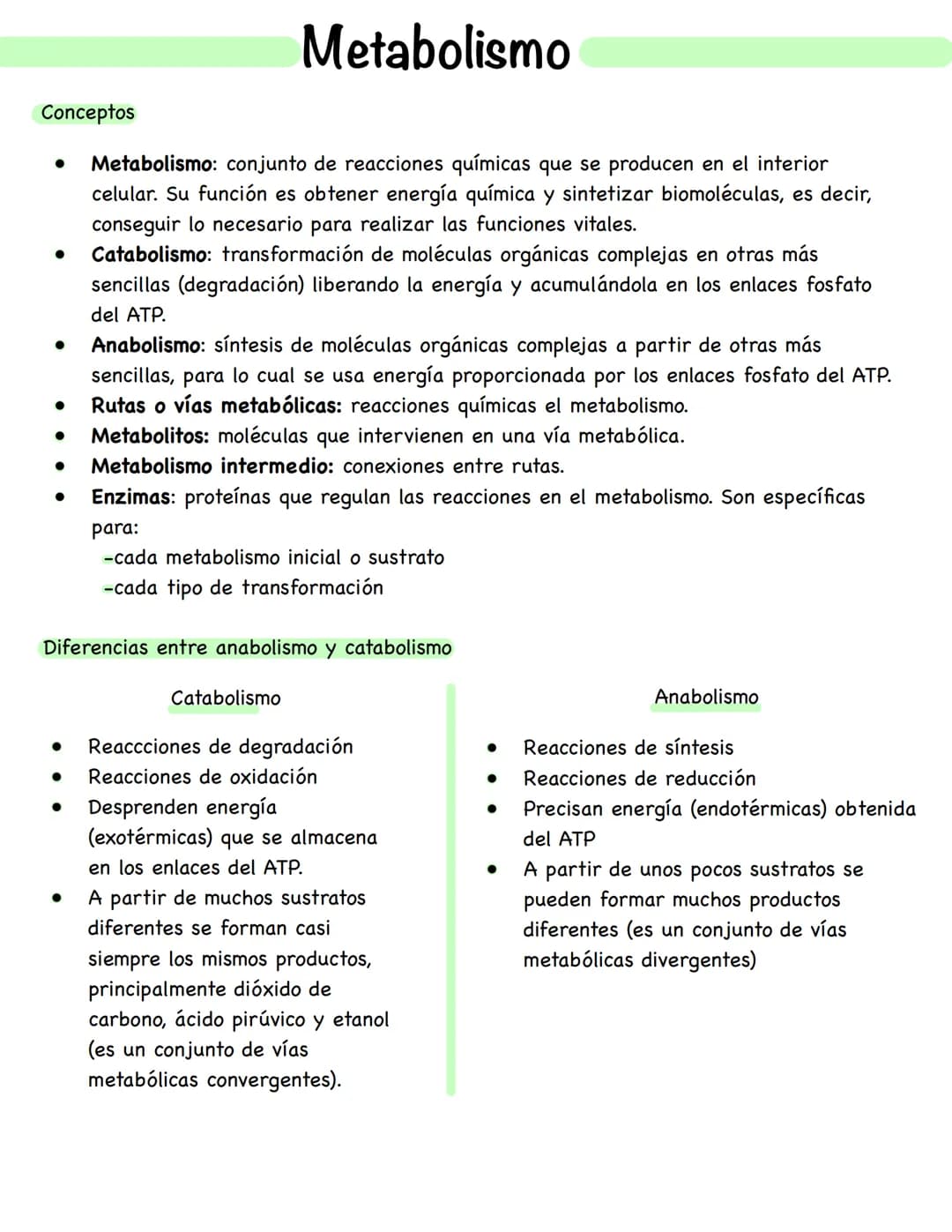 # Metabolismo
**Conceptos**
* **Metabolismo:** conjunto de reacciones químicas que se producen en el interior celular. Su función es obten
