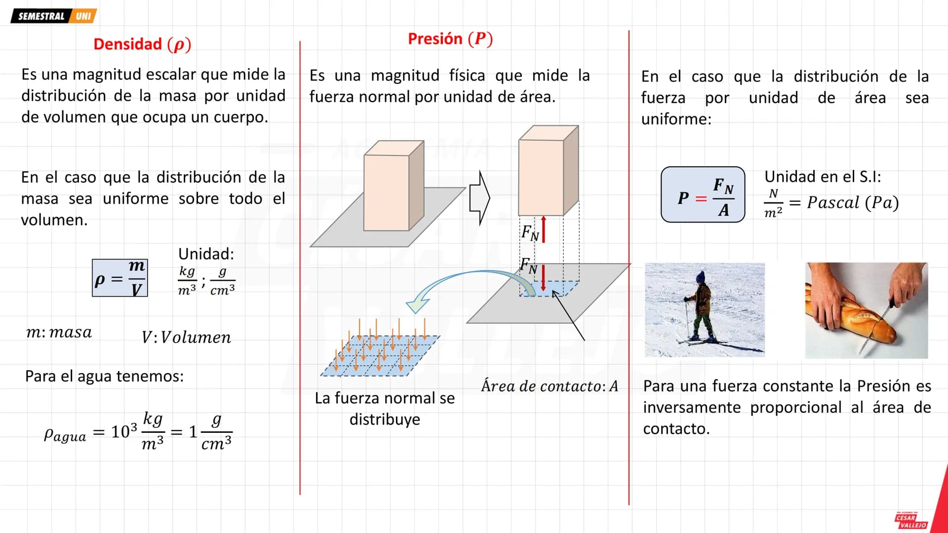 SEMESTRAL UNI
Objetivos
• Analizar las interacciones de los
fluidos en reposo, con otros cuerpos.
• Comprender el concepto de presión
y los
