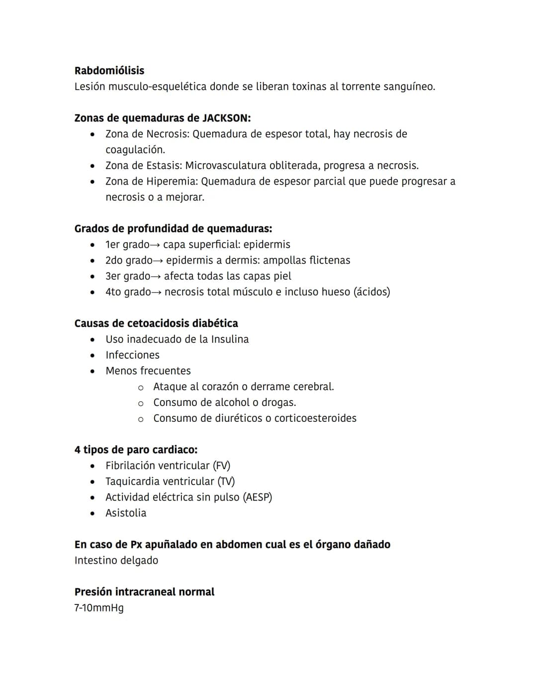 5H
* Hipovolemia
* Hipotermia
* Hidrogeniones(acidosis)
* Hipoxia
* Hipo/hiperkalemia
5T
* Taponamiento cardiaco
* Trombosis coronaria (i