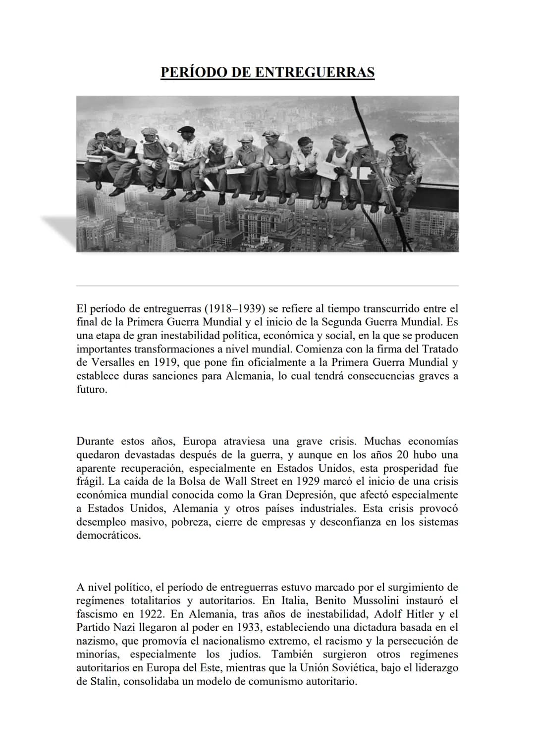 PERÍODO DE ENTREGUERRAS
El período de entreguerras (1918-1939) se refiere al tiempo transcurrido entre el
final de la Primera Guerra Mundial