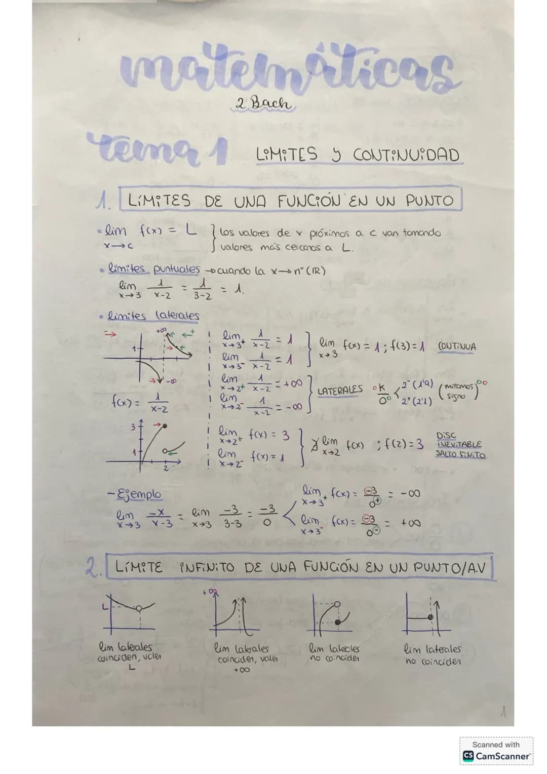 matematicas
2 Bach
rema 1 LIMITES Y CONTINUIDAD
A. LIMITES DE UNA FUNCIÓN EN UN PUNTO
•lim f(x) = L }
XC
} los valores de x próximos a c va