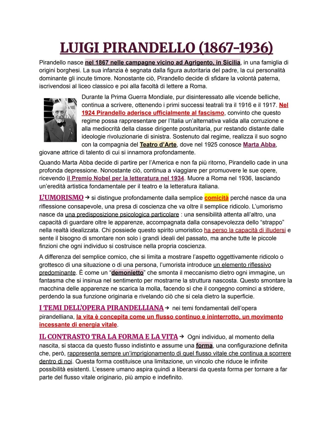 ## LUIGI PIRANDELLO (1867-1936)
Pirandello nasce nel 1867 nelle campagne vicino ad Agrigento, in Sicilia, in una famiglia di
origini borghe