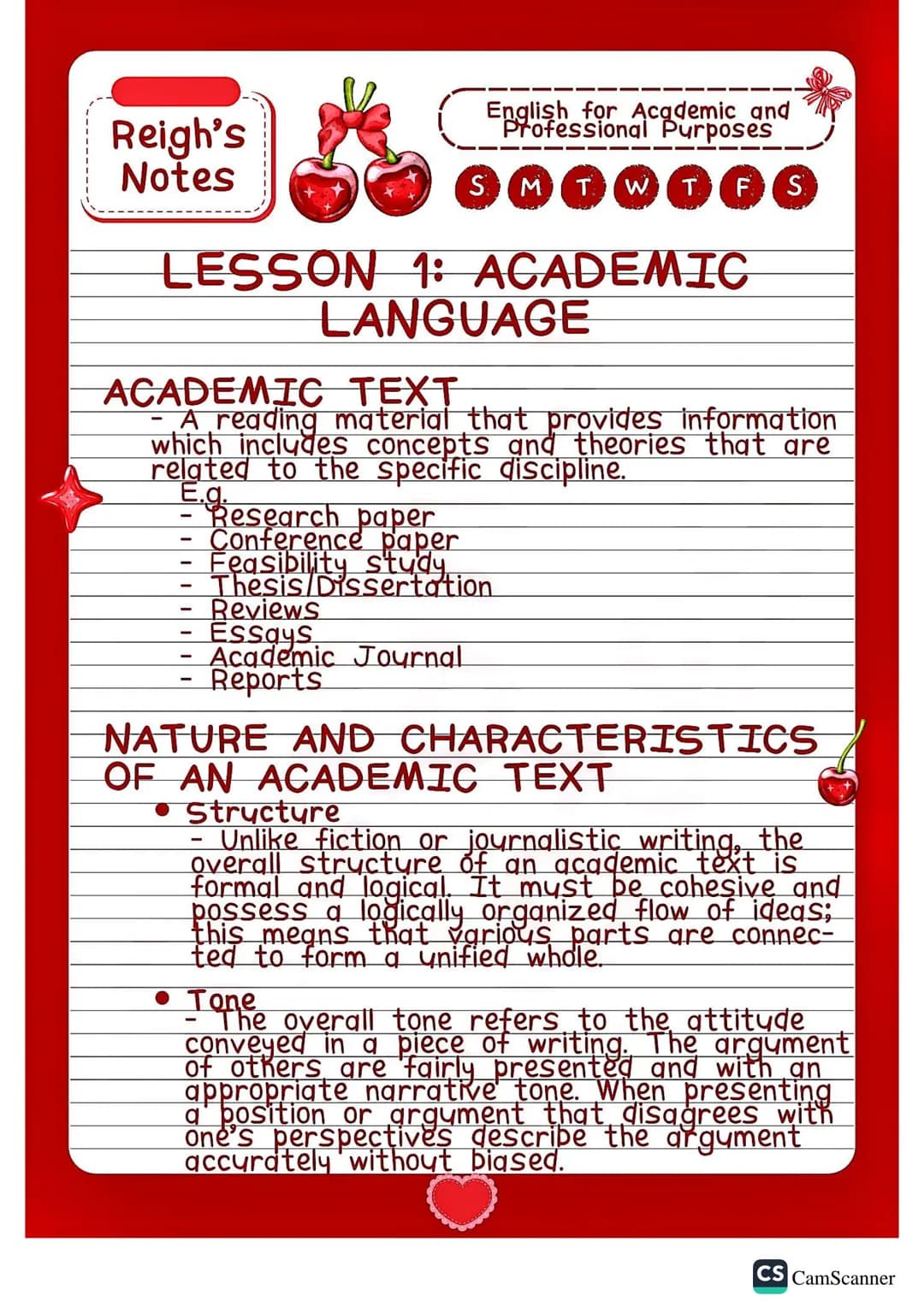Reigh's
Notes
English for Academic and
Professional Purposes
SMTW
TFS
LESSON 1: ACADEMIC
LANGUAGE
ACADEMIC TEXT
- A reading material that pr