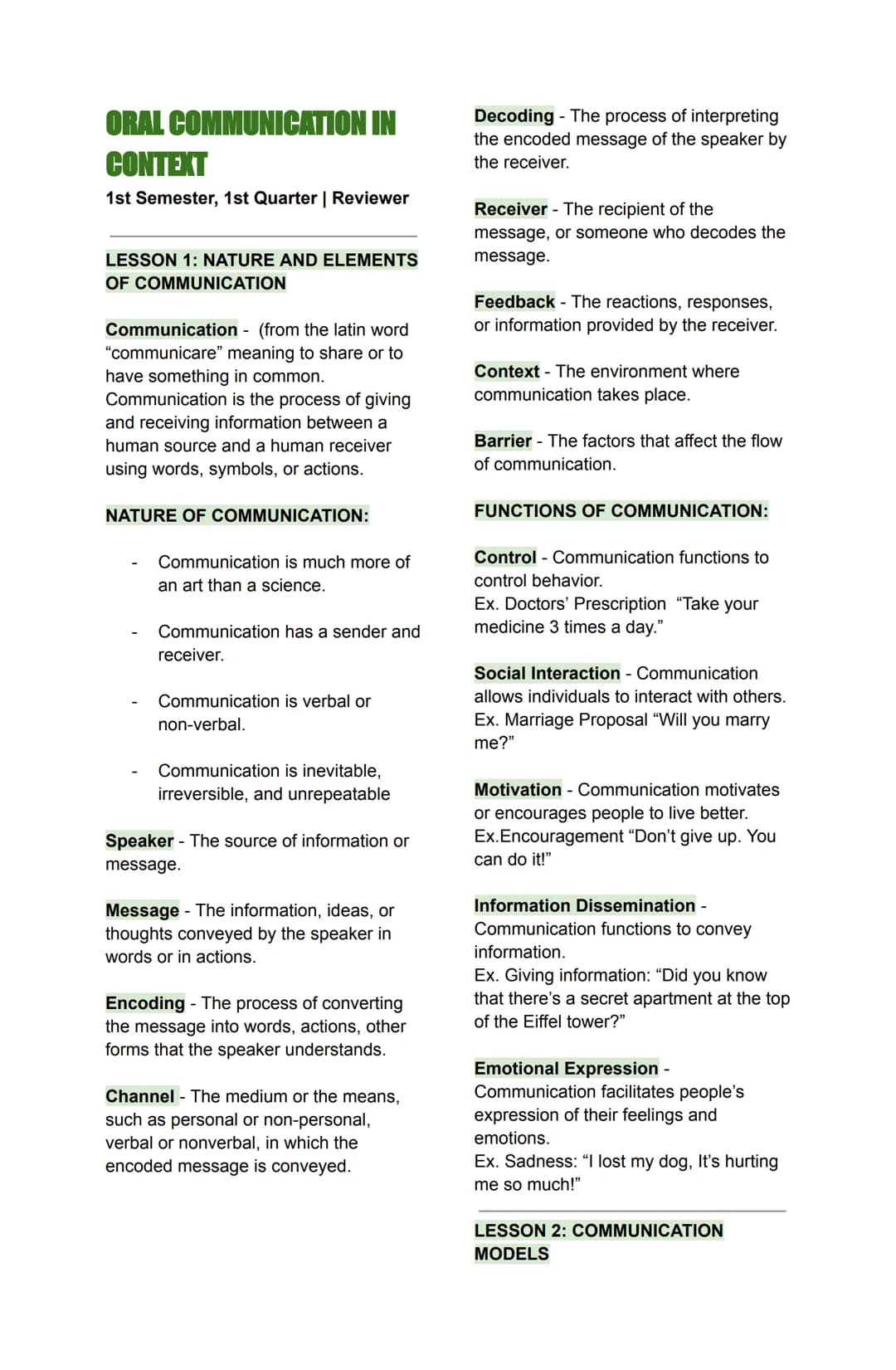 ORAL COMMUNICATION IN
CONTEXT
1st Semester, 1st Quarter | Reviewer
LESSON 1: NATURE AND ELEMENTS
OF COMMUNICATION
Communication (from the la