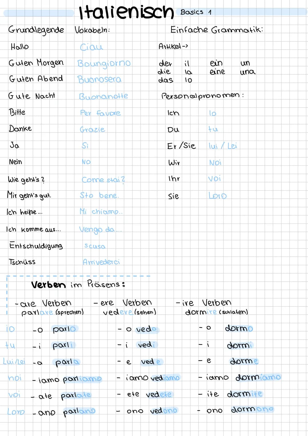 # Italienisch
Basics 1
## Grundlegende Vokabeln:
Hallo | Ciao
Guten Morgen |Buongiorno
Guten Abend | Buonasera
Gute Nacht | Buonanotte
Bi