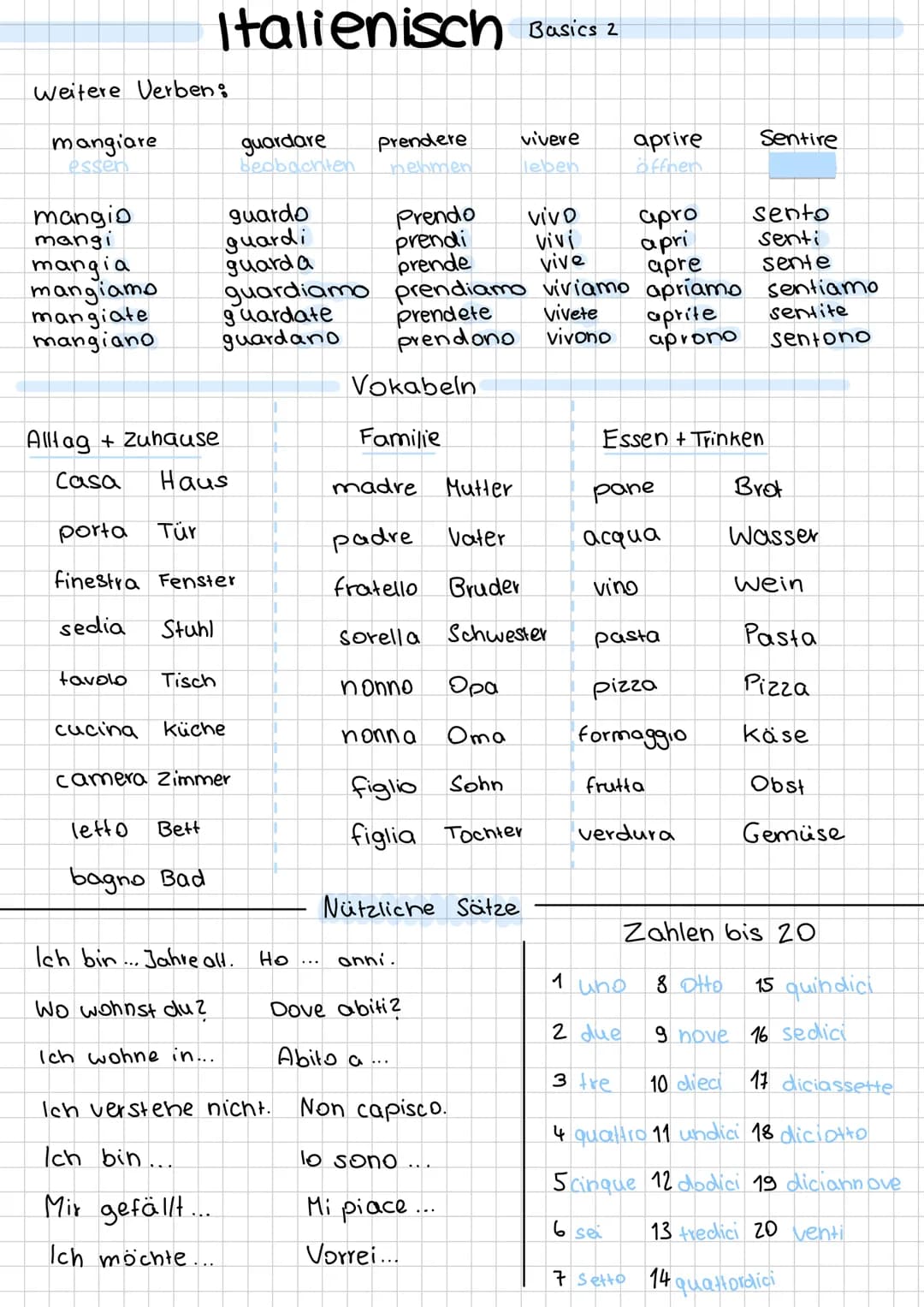 # Italienisch
Basics 1
## Grundlegende Vokabeln:
Hallo | Ciao
Guten Morgen |Buongiorno
Guten Abend | Buonasera
Gute Nacht | Buonanotte
Bi