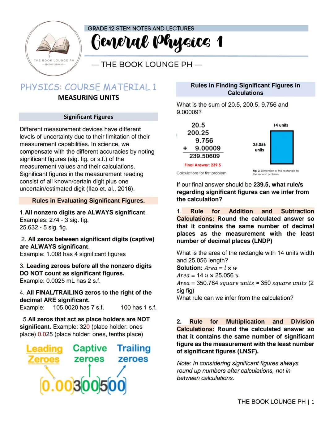 # GRADE 12 STEM NOTES AND LECTURES
# General Physics 1
— THE BOOK LOUNGE PH —
# PHYSICS: COURSE MATERIAL 1
## MEASURING UNITS
### Signifi