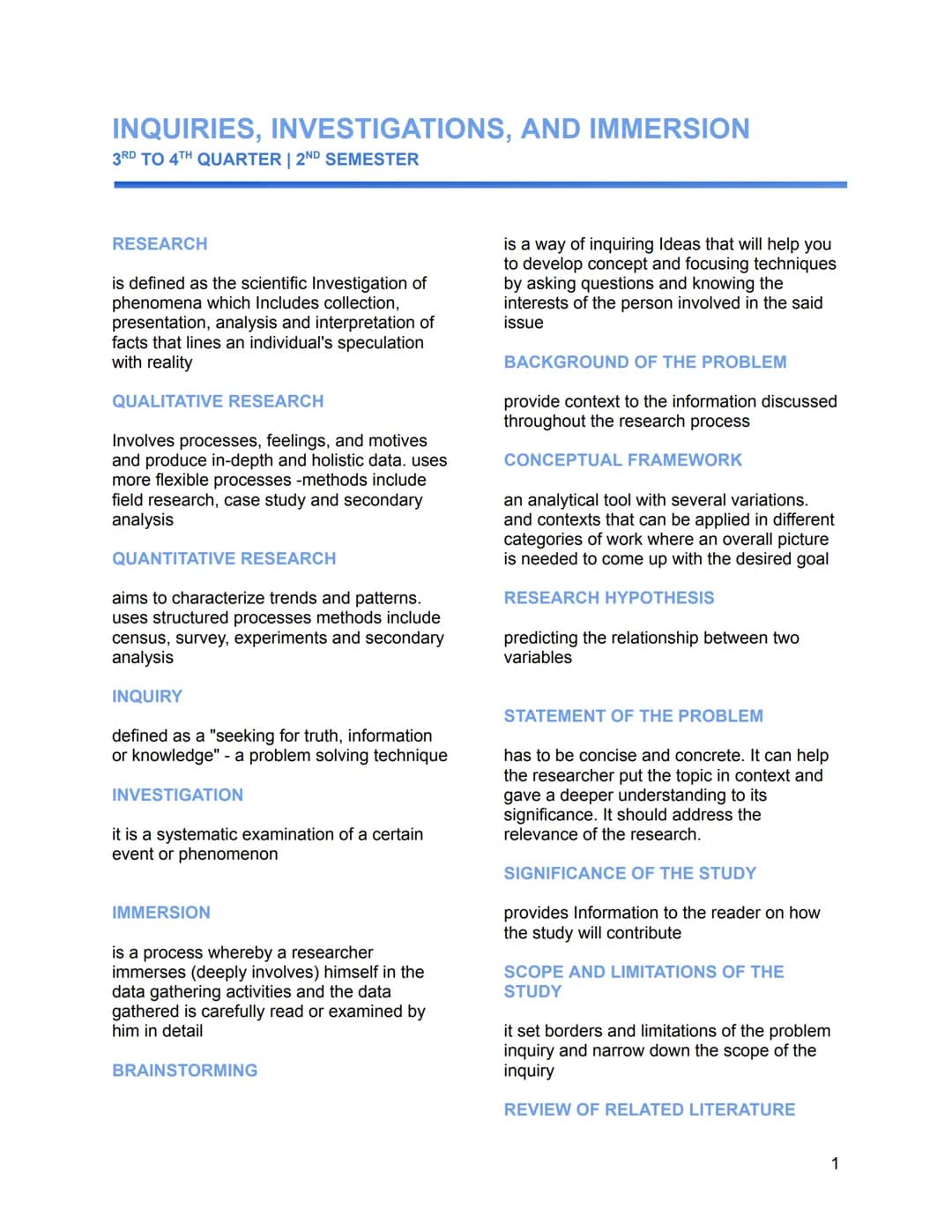 INQUIRIES, INVESTIGATIONS, AND IMMERSION
3RD TO 4TH QUARTER | 2ND SEMESTER
RESEARCH
is defined as the scientific Investigation of
phenomena