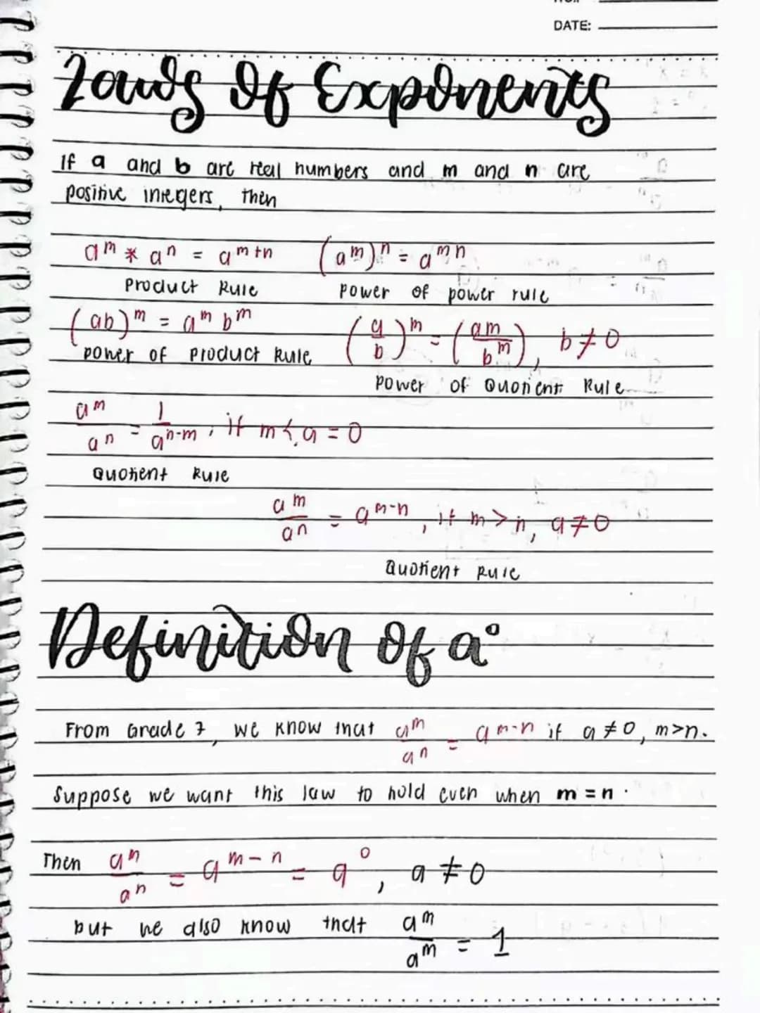 lecture notes in
MATH 9
3rd
QTR
Spring Einf
413
Spring Leaf
DO NOT RE-UPLOAD | @jona.notes --- OCR Start ---
DATE:
Laws of Exponents
If a an