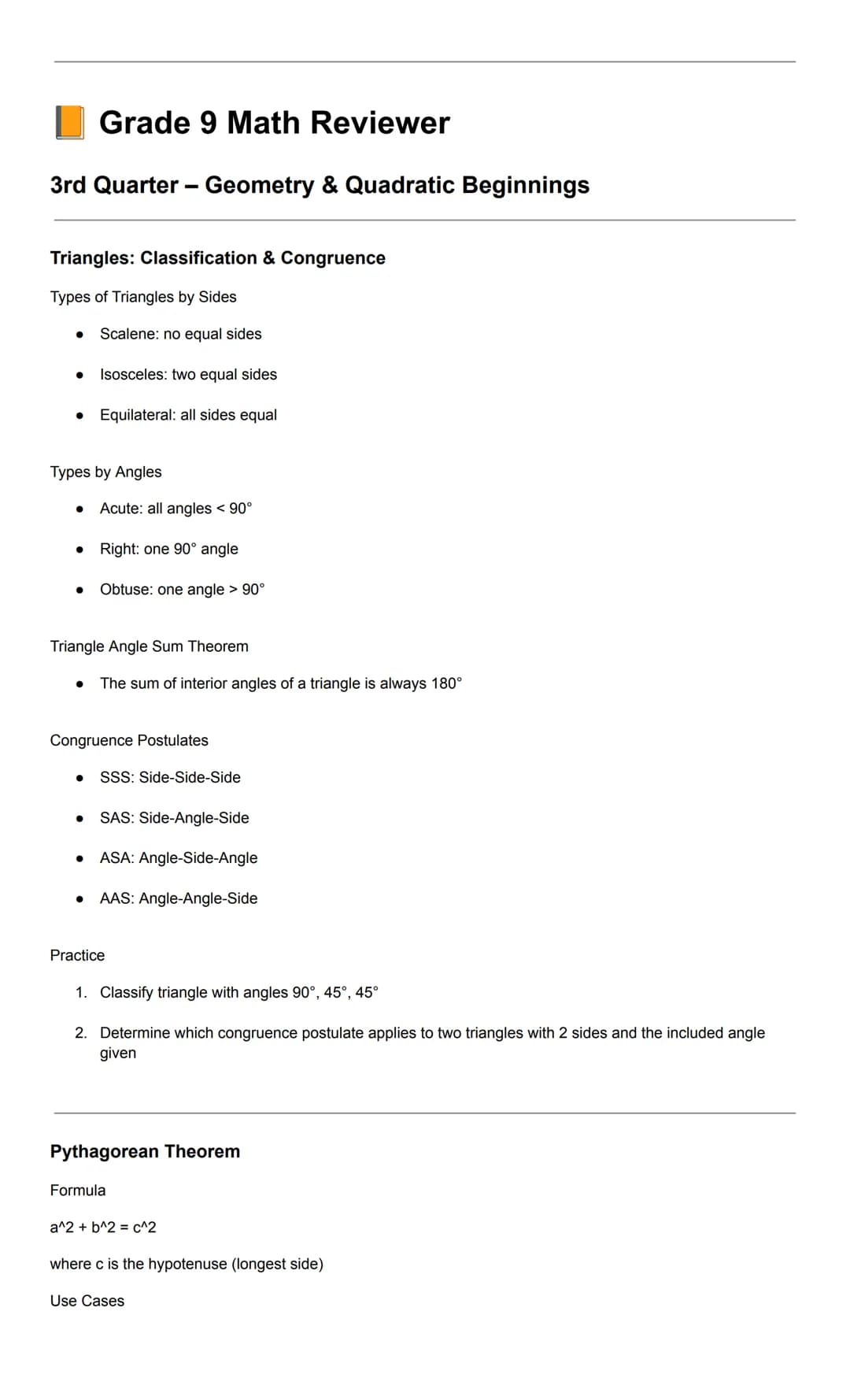 Grade 9 Math Reviewer
3rd Quarter - Geometry & Quadratic Beginnings
Triangles: Classification & Congruence
Types of Triangles by Sides
- Sca