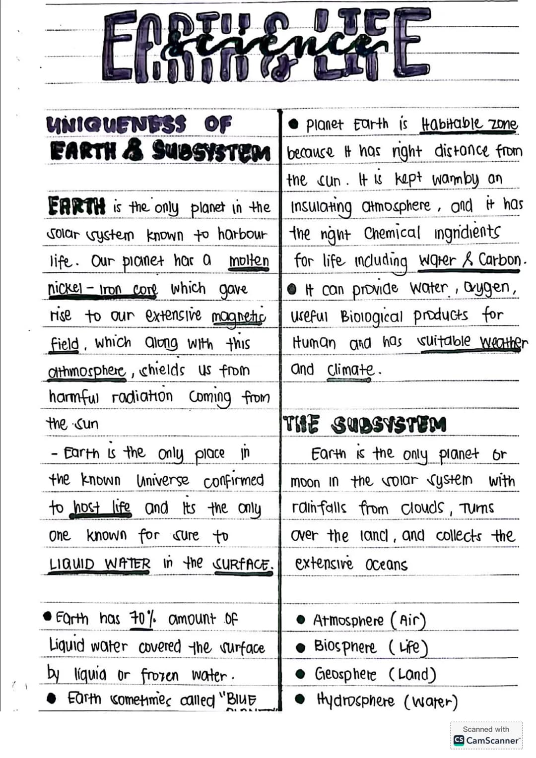 NOTES for Grade 11
ABM STUDENTS
CALS
Earth And Life Science # EARTH SCIENCE & LIFE
## UNIQUENESS OF EARTH & SUBSYSTEM
EARTH is the only pl