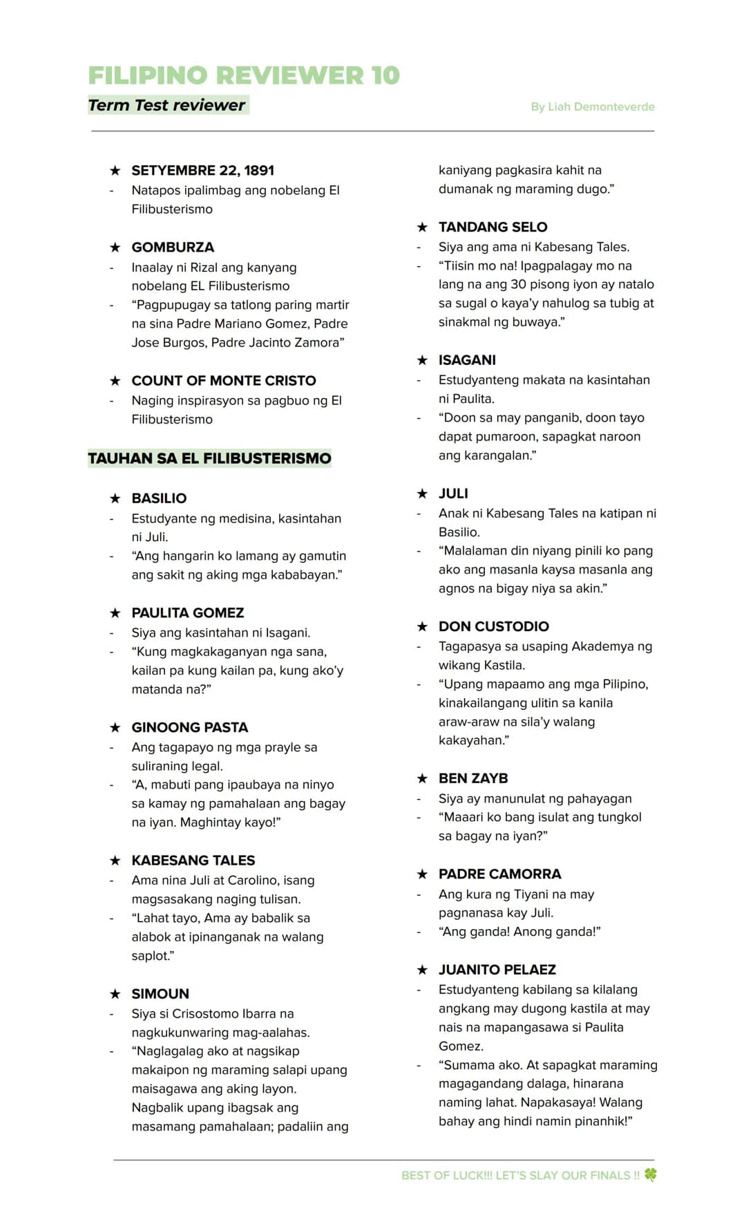 FILIPINO REVIEWER 10
Term Test reviewer
By Liah Demonteverde
EL FILIBUSTERISMO
→ Inilahad sa nobelang ito ang mga
nangyari sa mga pangunahin