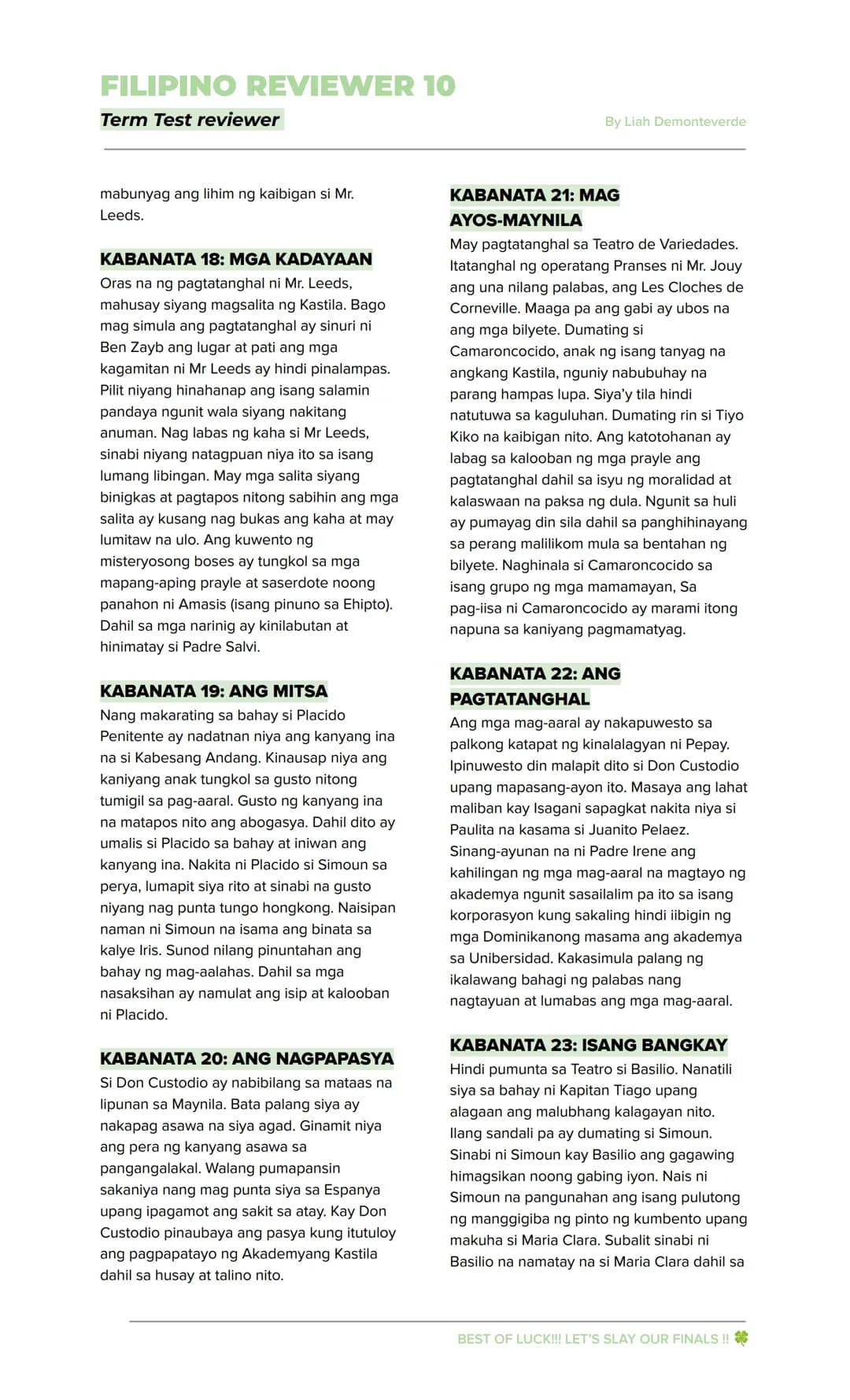 FILIPINO REVIEWER 10
Term Test reviewer
By Liah Demonteverde
EL FILIBUSTERISMO
→ Inilahad sa nobelang ito ang mga
nangyari sa mga pangunahin