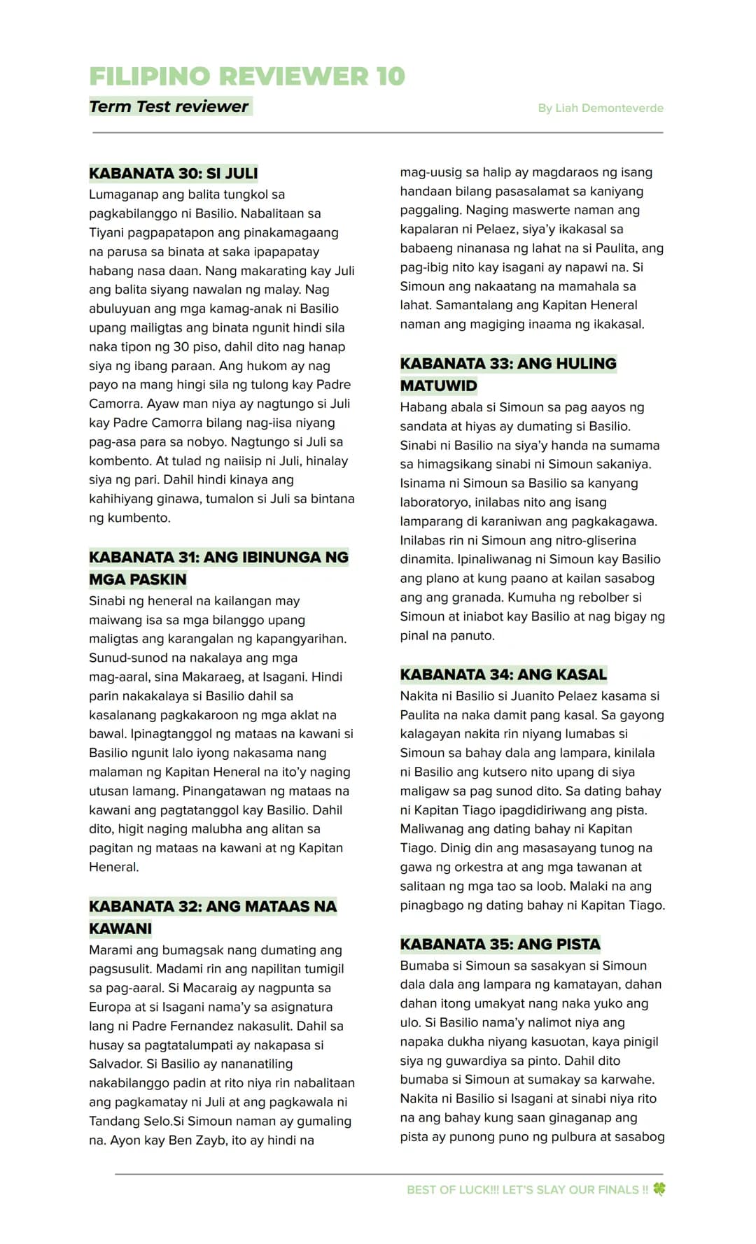 FILIPINO REVIEWER 10
Term Test reviewer
By Liah Demonteverde
EL FILIBUSTERISMO
→ Inilahad sa nobelang ito ang mga
nangyari sa mga pangunahin