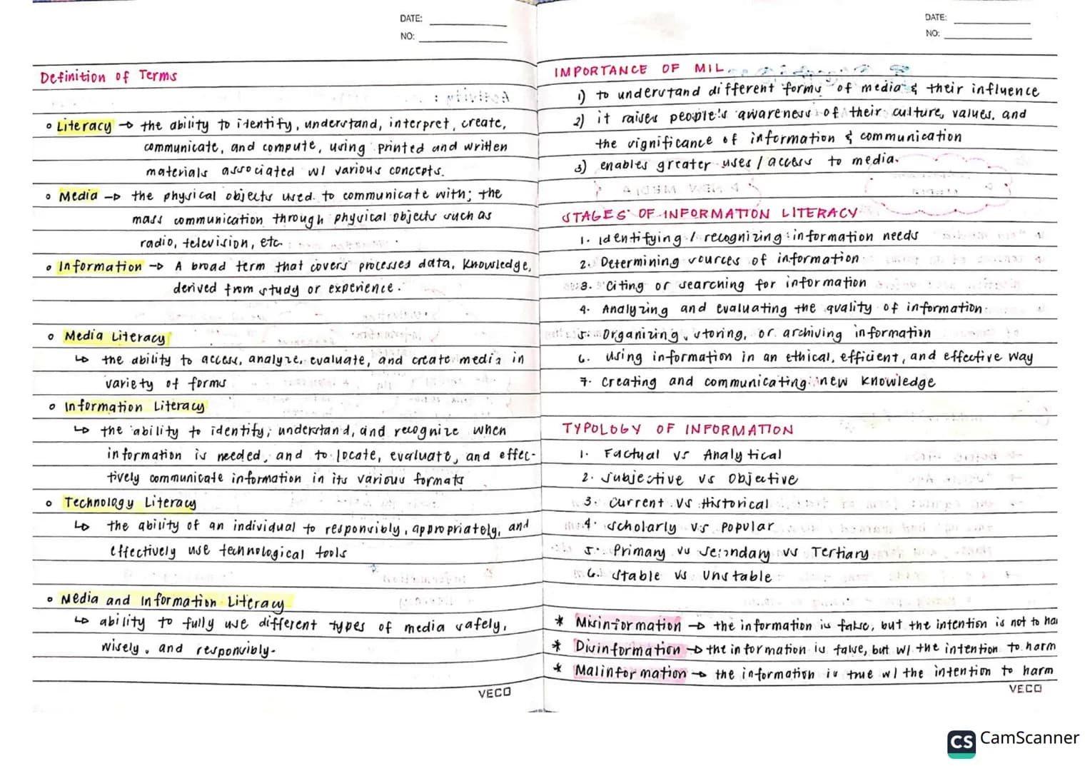 # Media &
# Information
# Literacy DATE:
NO:
DATE:
NO:
Definition of Terms
• Literacy → the ability to identify, understand, interpret, cr