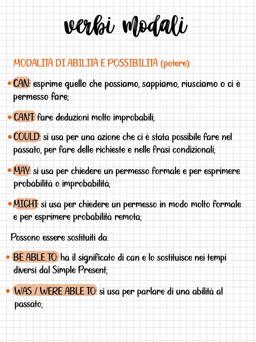 verbi modali
MODALITÀ DI ABILITÀ E POSSIBILITÀ (potere):
• CAN: esprime quello che possiamo, sappiamo, riusciamo o ci è
permesso fare;
• CAN