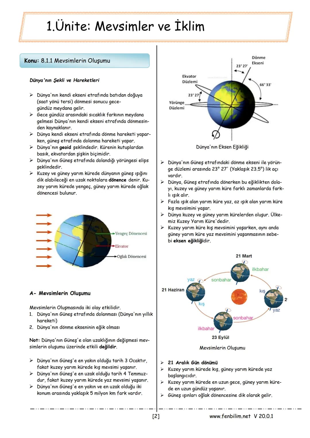 # 8.Sınıf Fen Bilimleri Ders Notları
Barış ZEREN
Fen Bilimleri Öğretmeni
www.fenbilim.net V 20.0.1 1.Ünite: Mevsimler ve İklim
Konu: 8.1.1