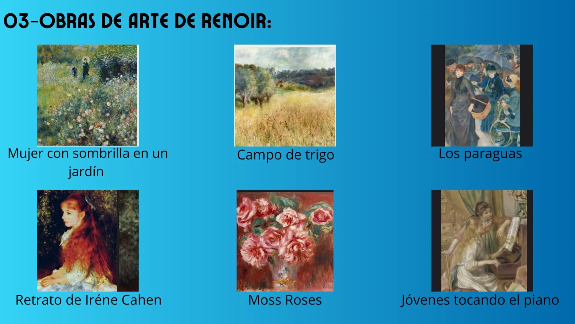 # HISTORIA DEL ARTE
# EL IMPRESIONISMO
Institución Educativa San Salvador
Trabajo de Zarai Ventocilla # CONTENIDOS
01 - Origen del impre