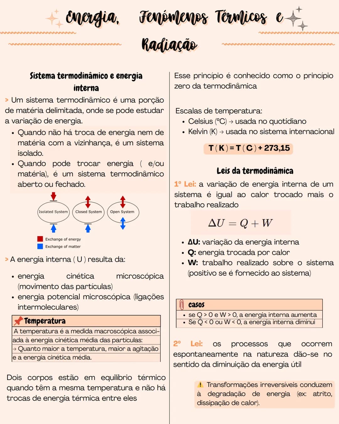 --- OCR Start ---
Energia, Fenómenos Térmicos e
Radiação
Sistema termodinâmico e energia
intern
> Um sistema termodinâmico é uma porção
de m