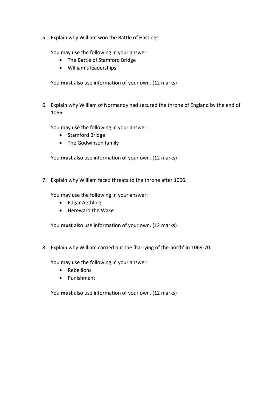 History GCSE Revision - Exam Questions
Paper 2 - Anglo-Saxon and Norman England, c1060-88
Question 1- Describe two features of... (4 mark)
1