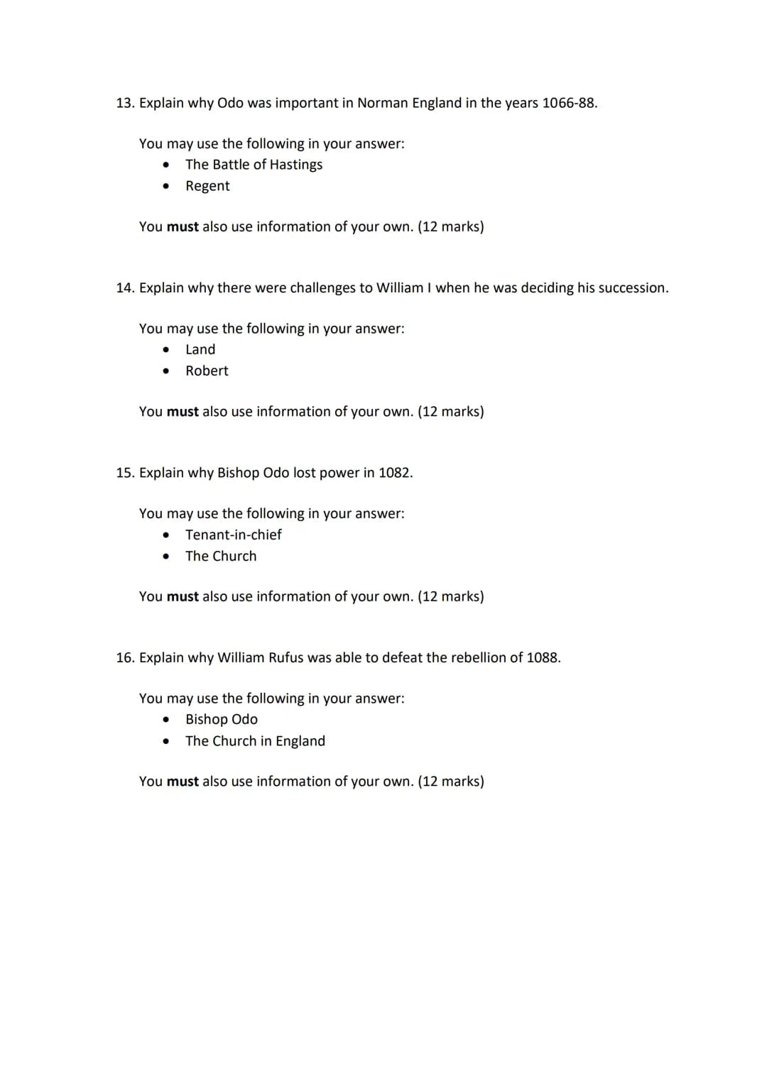 History GCSE Revision - Exam Questions
Paper 2 - Anglo-Saxon and Norman England, c1060-88
Question 1- Describe two features of... (4 mark)
1