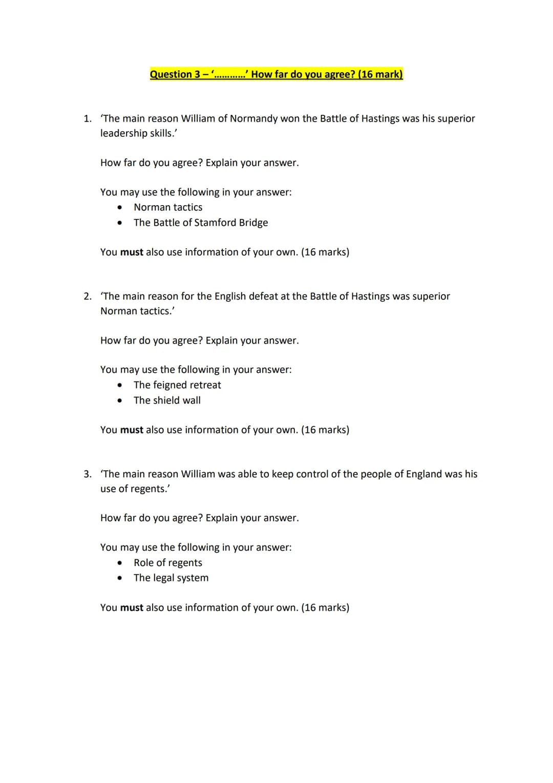 History GCSE Revision - Exam Questions
Paper 2 - Anglo-Saxon and Norman England, c1060-88
Question 1- Describe two features of... (4 mark)
1